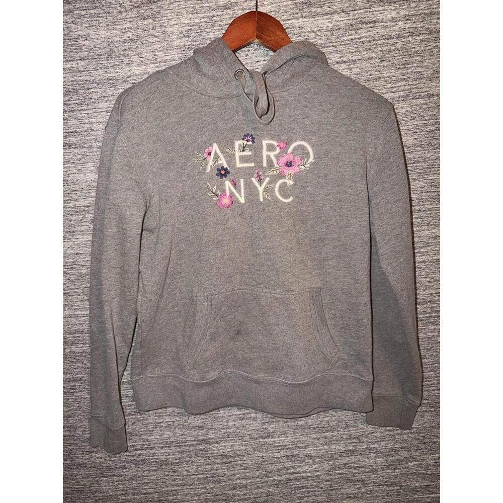 Aeropostale Hoodie Small Gray Floral Embroidered Pullover AERO NYC Sweatshirt S